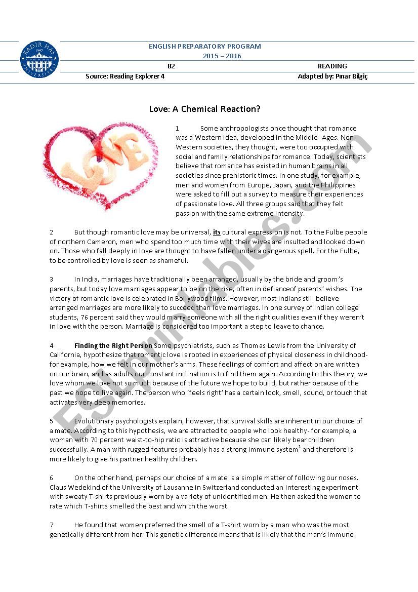 Reading text about love worksheet