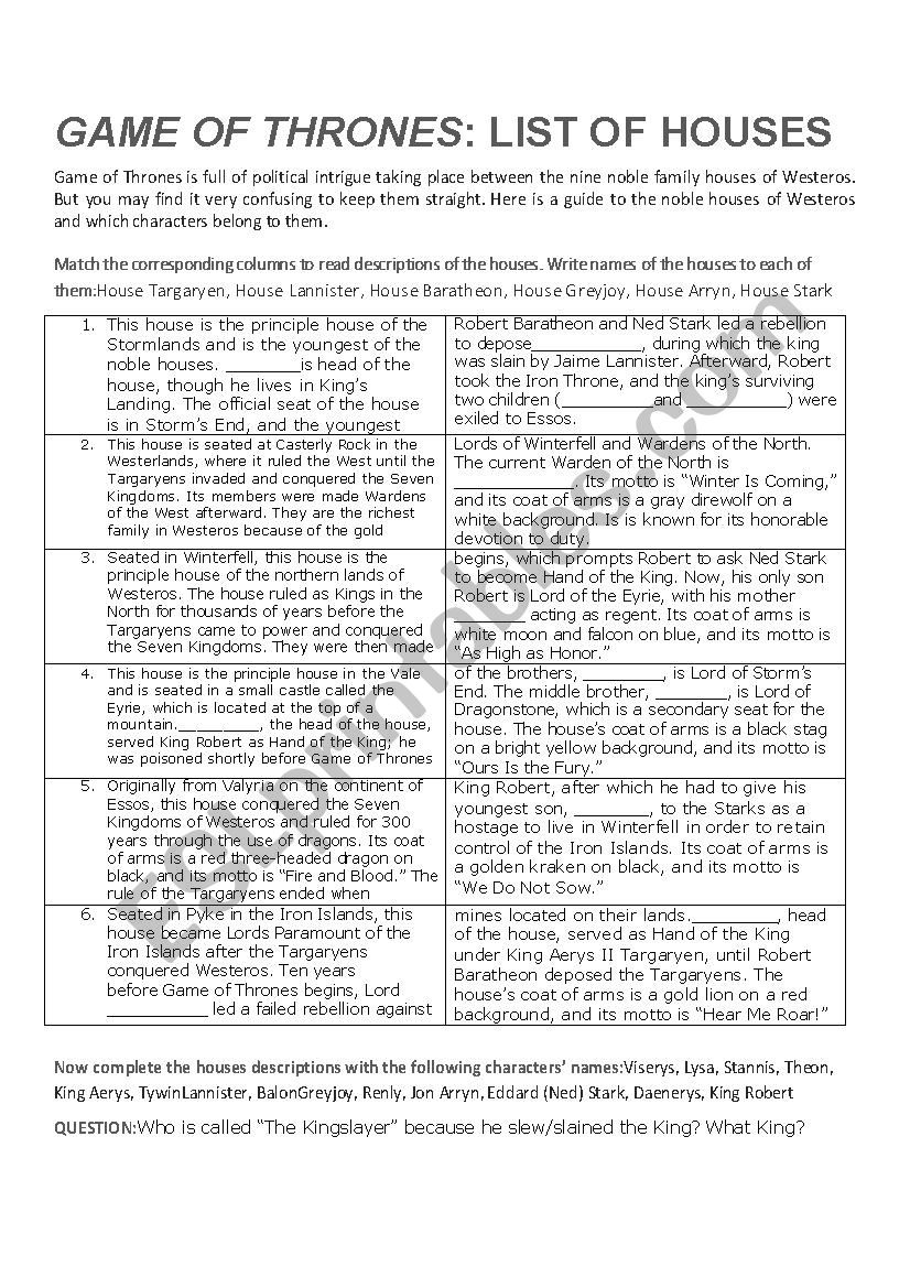 Game Of Thrones List Of Houses Esl Worksheet By Tania S