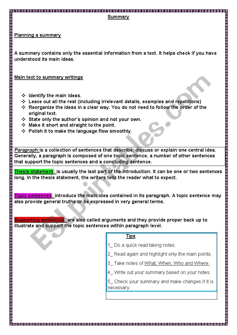 Summary writing worksheet