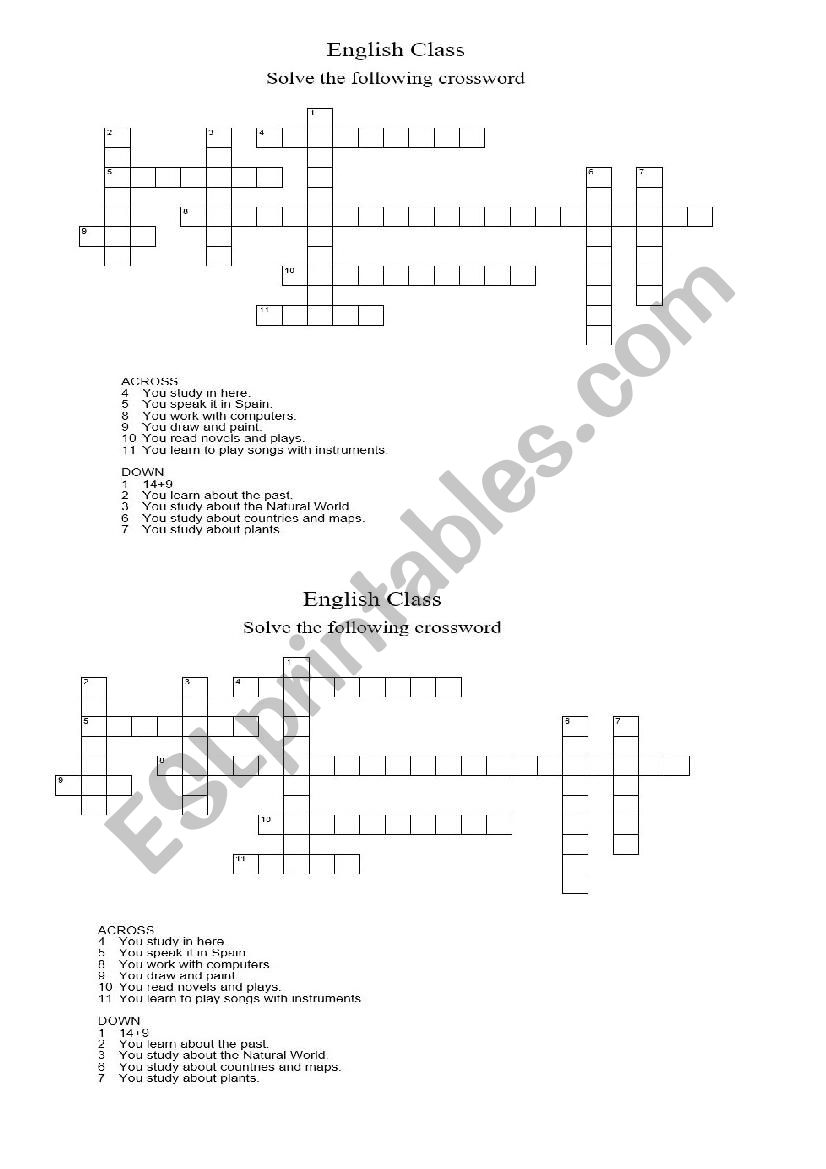 Crossword School Subjects worksheet