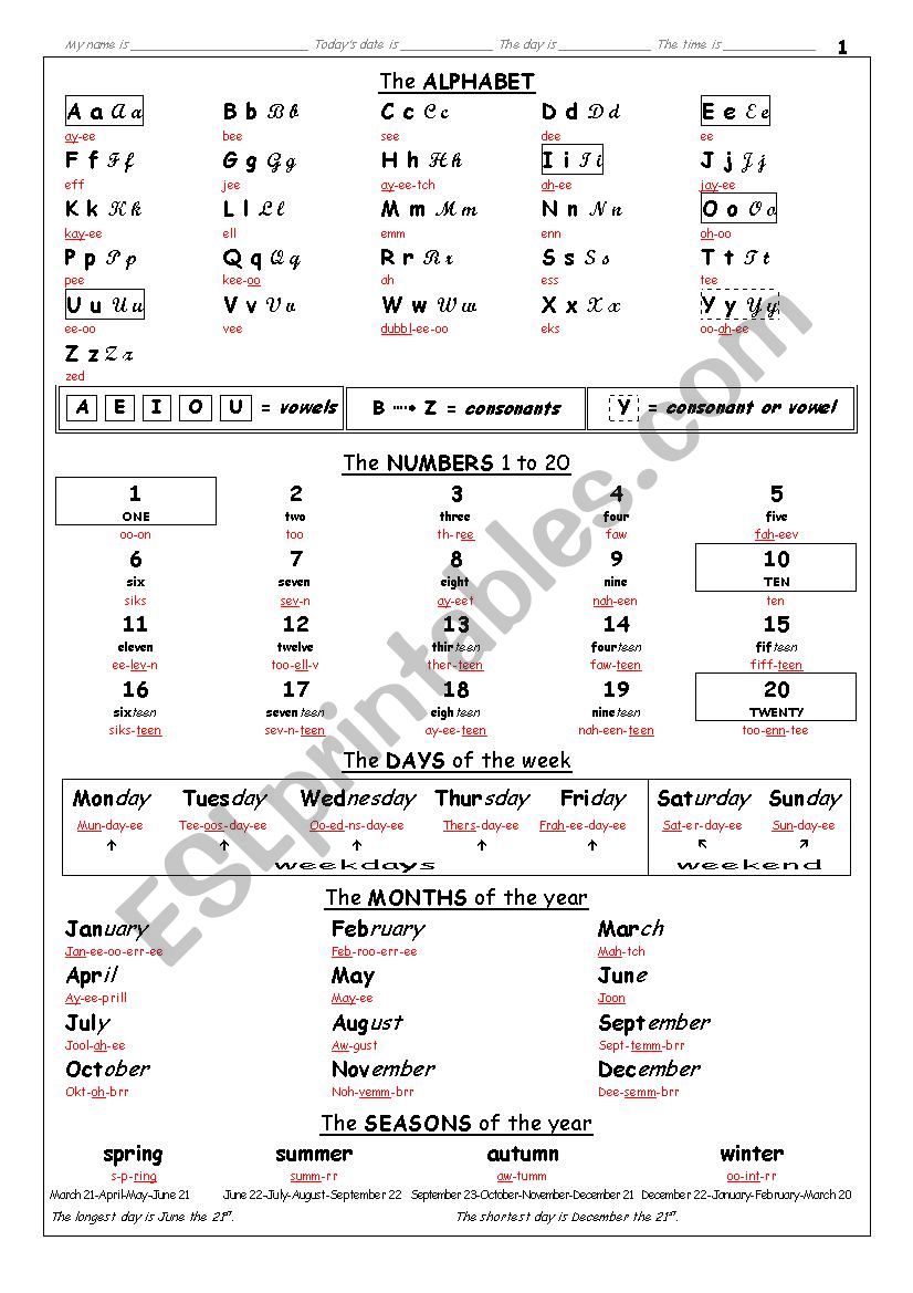 PRONUNCIATION 001 Alphabet; Numbers 1 to 20; Days; Months; Seasons.