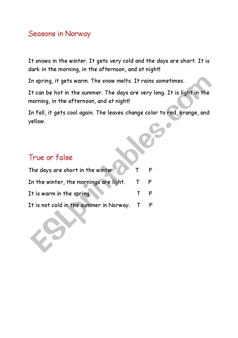 Seasons in Norway worksheet