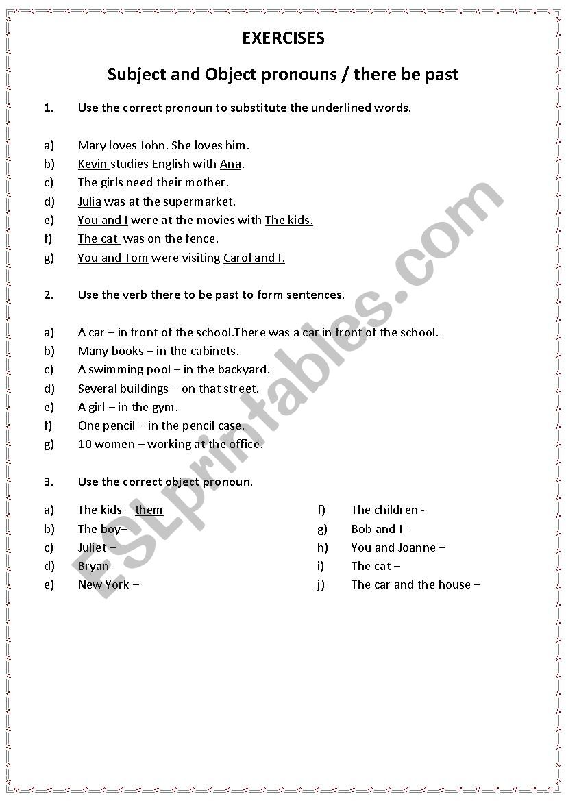 Pronouns and there to be past worksheet