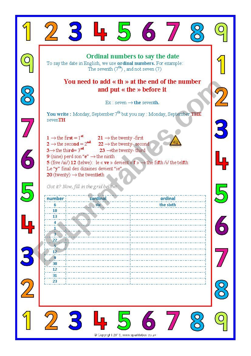 Ordinals to say the date worksheet