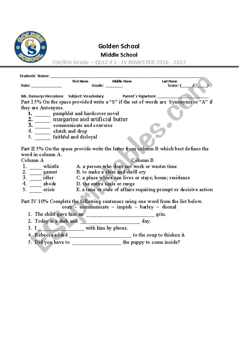 7th / 8th Vocabulary Test  worksheet