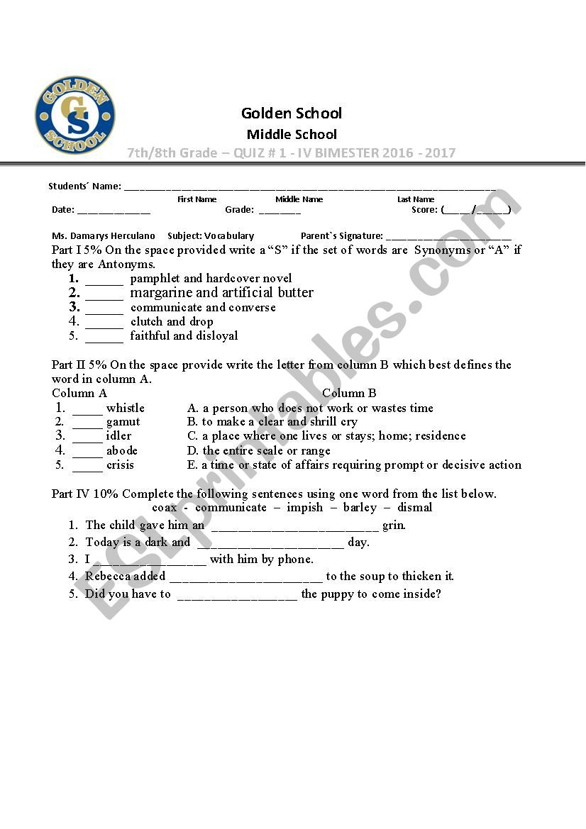 7th / 8th Vocabulary Test  worksheet