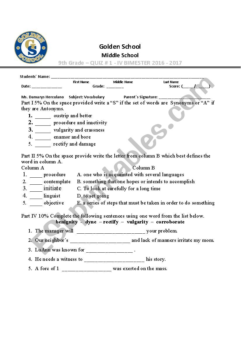 9th Vocabulary Test  worksheet