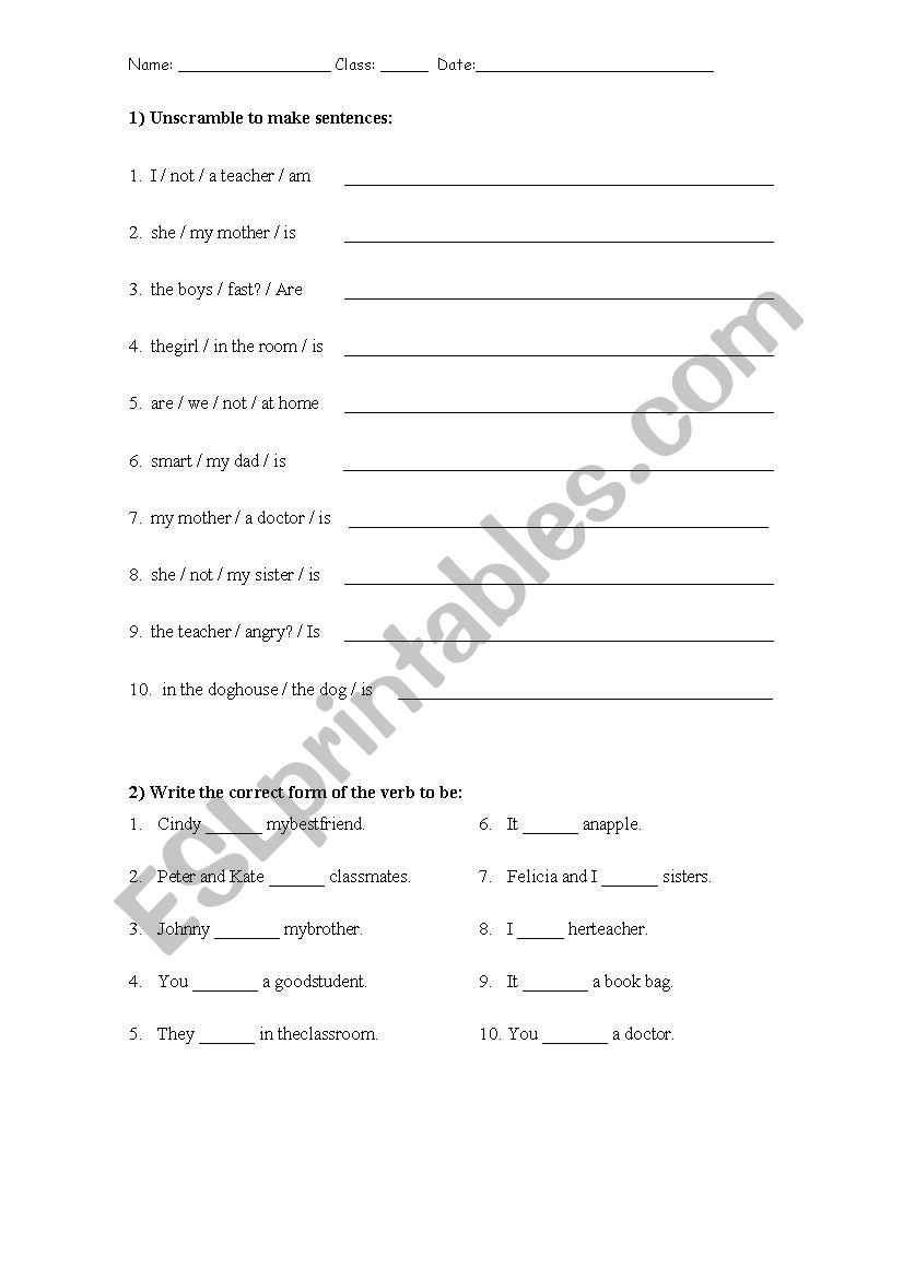 Verb to be test worksheet