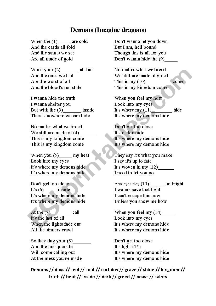 demons (imagine dragons) worksheet