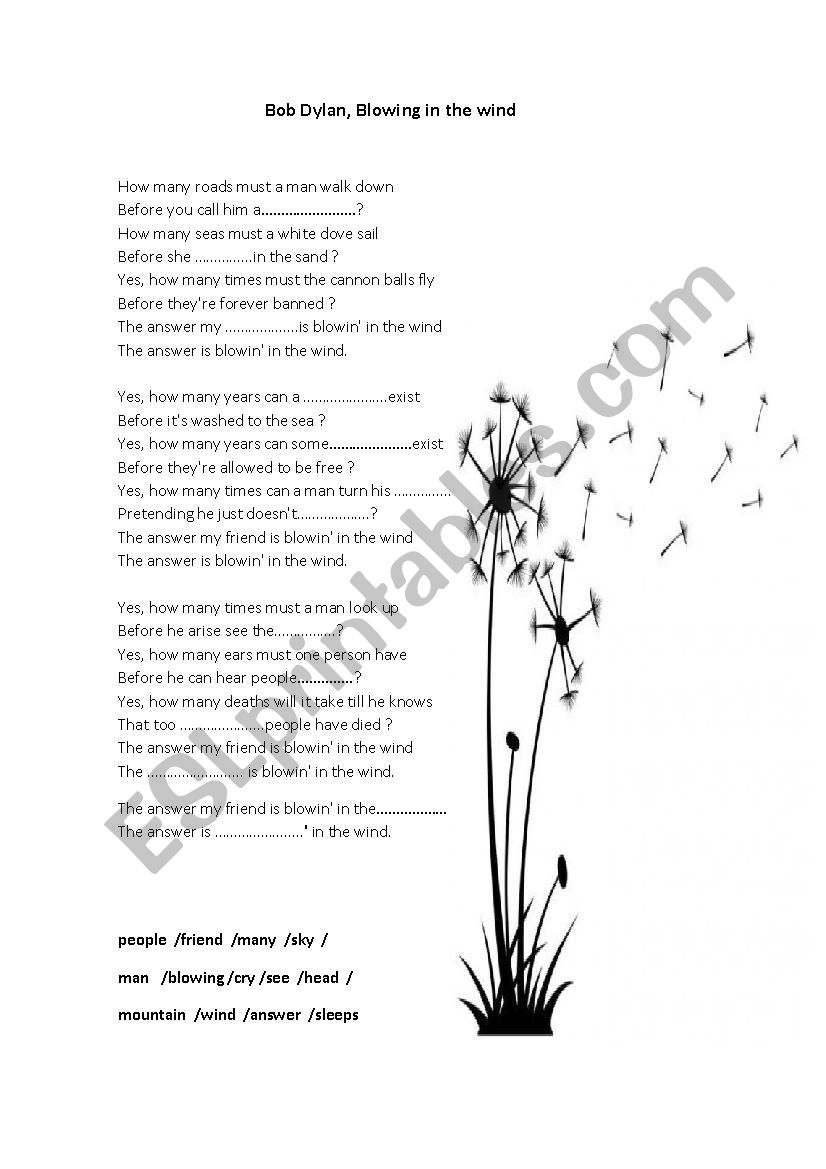 BLOWING IN THE WIND worksheet