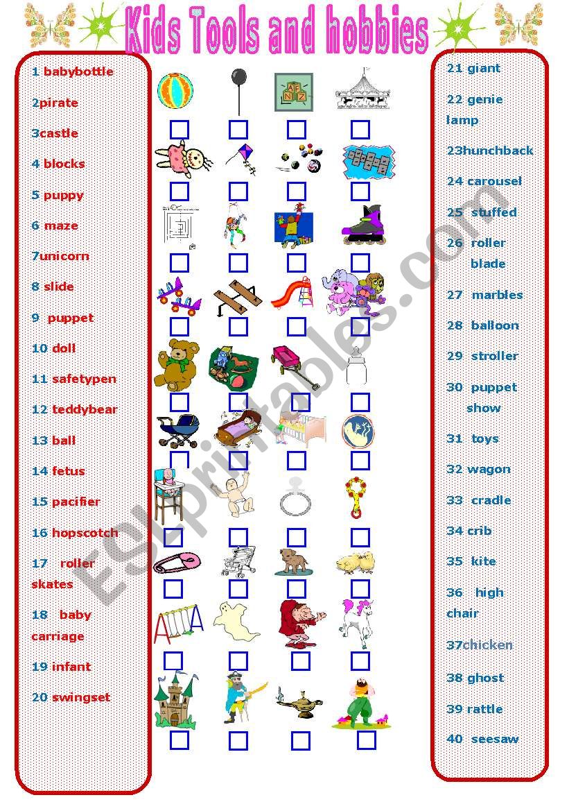 kids tools and hobbies worksheet