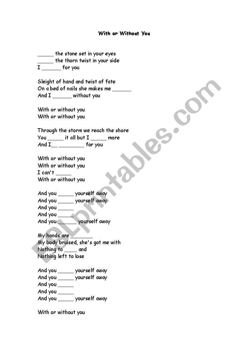 With or without you, U2 worksheet