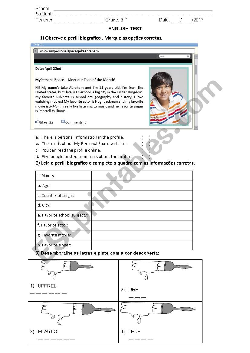 Test 6th worksheet