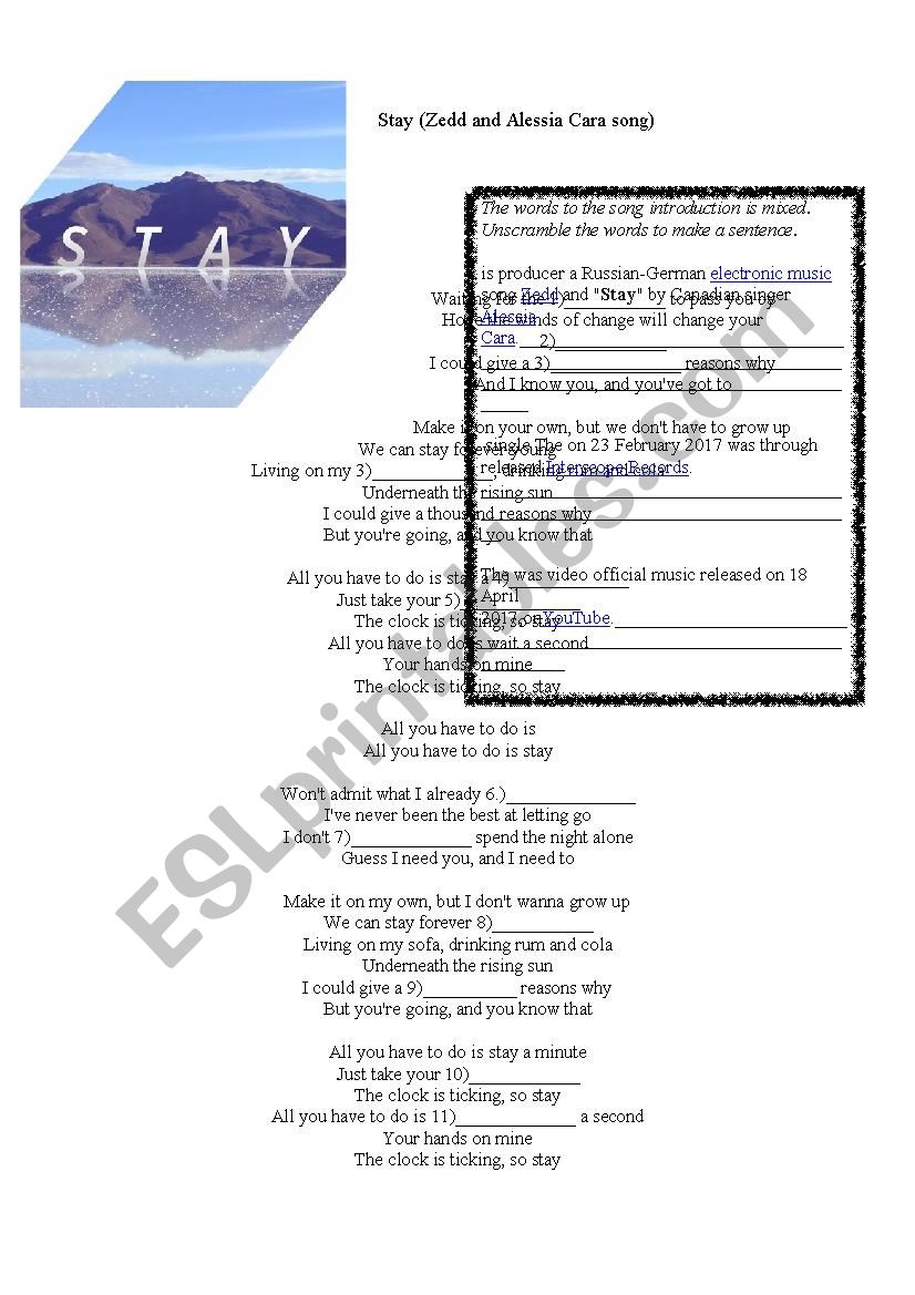 Stay  by Zedd & Alessia Cara worksheet