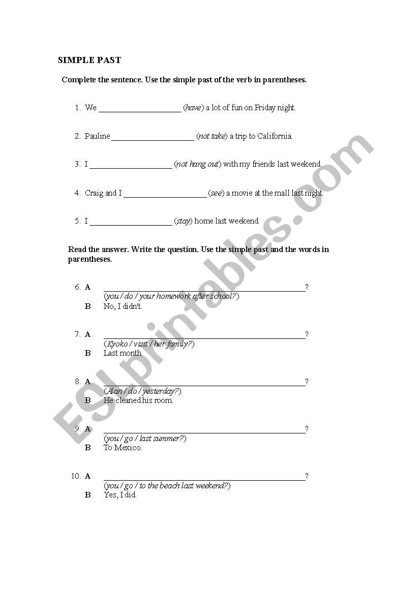 SIMPLE PAST WORKSHEET worksheet