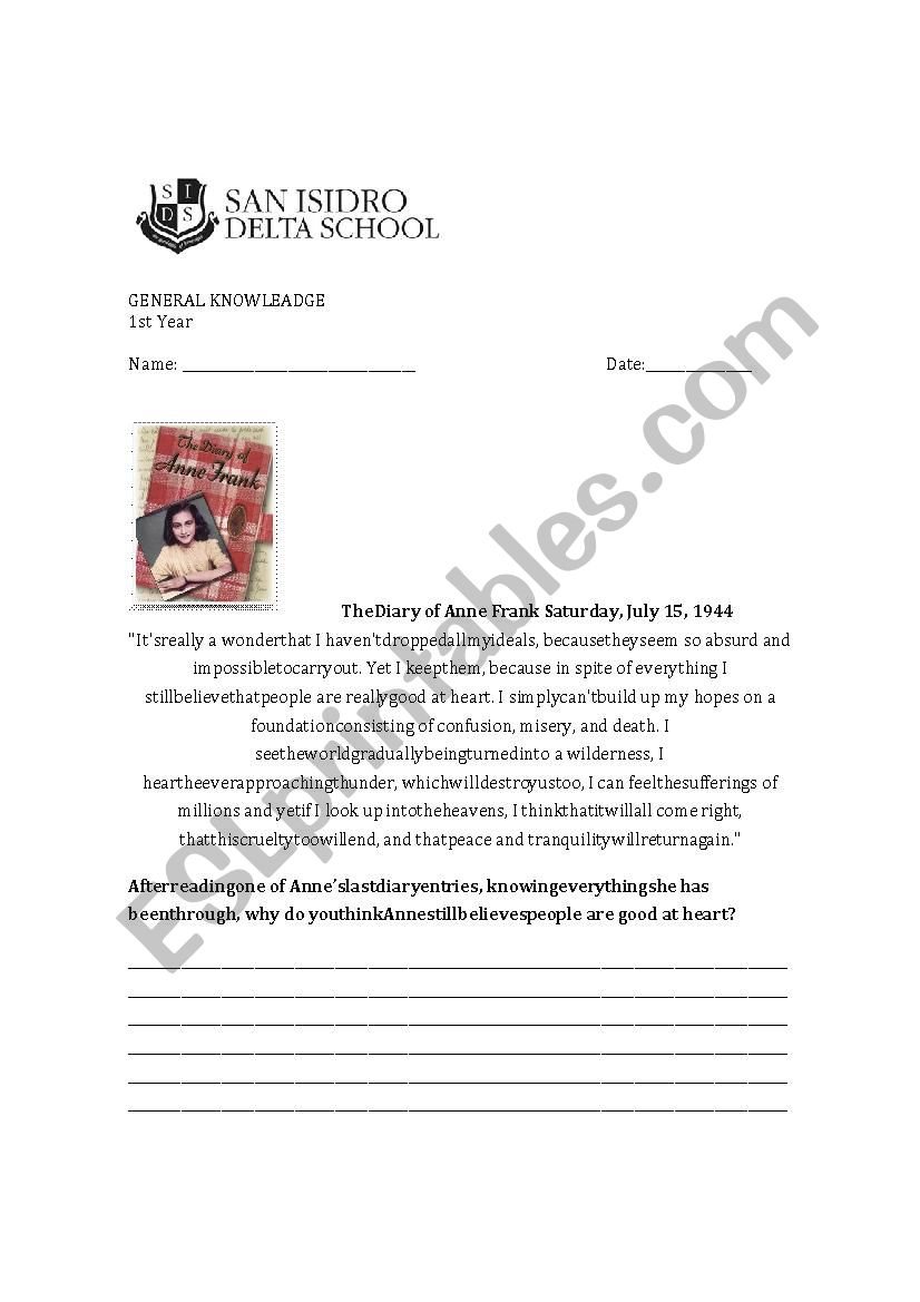 Anne frank assesment worksheet