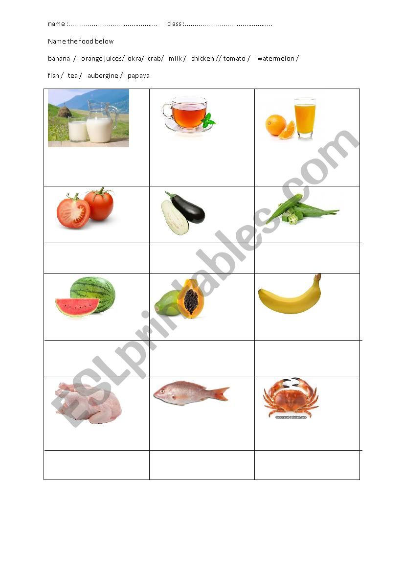 Name the food worksheet
