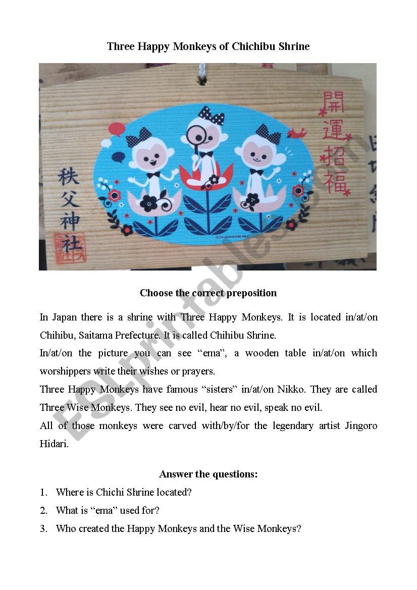 Prepositions practice - Three happy monkeys