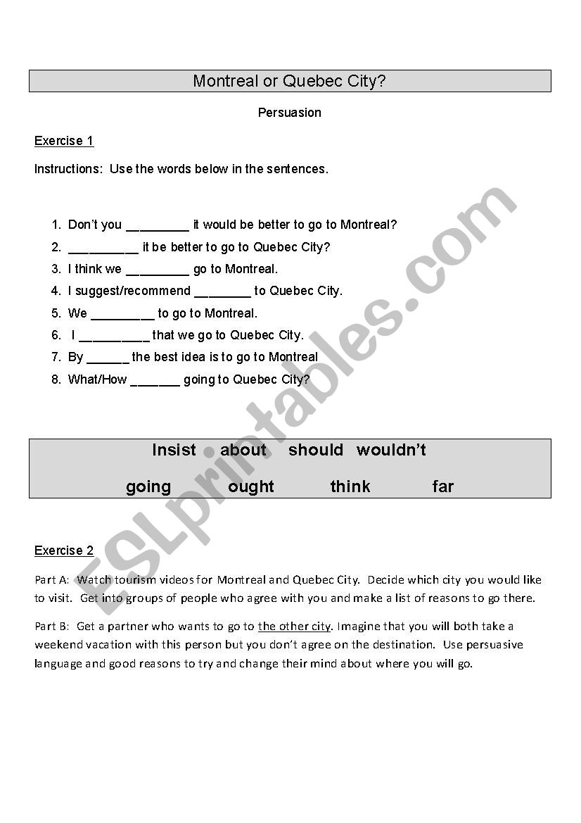 Montreal or Quebec City? worksheet