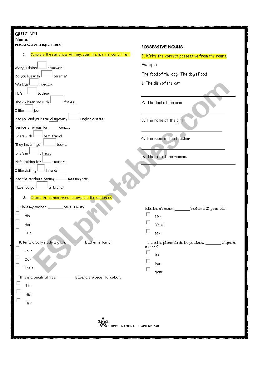 possessives- Time-Numbers worksheet