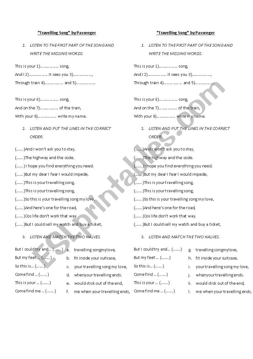 Travelling song worksheet