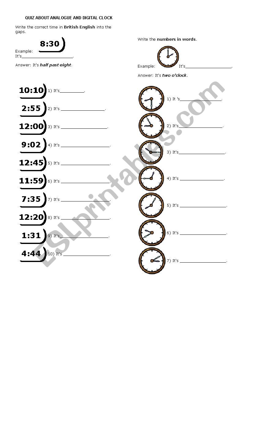 the clock quiz worksheet