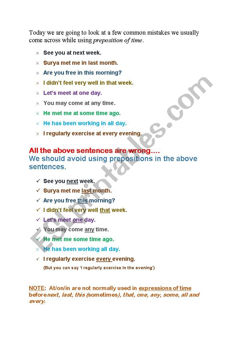 ERRORS OF USING PREPOSITION  worksheet