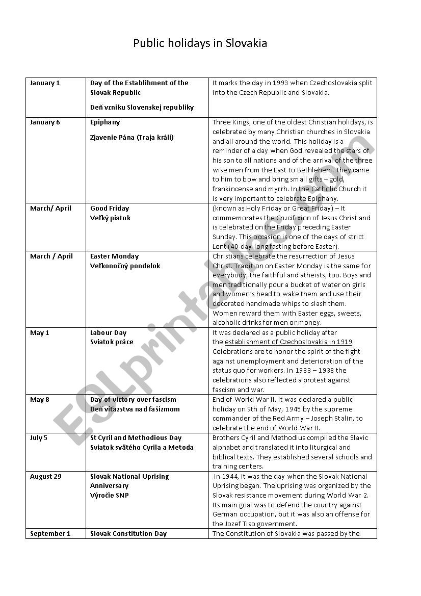 Public holidays in Slovakia worksheet