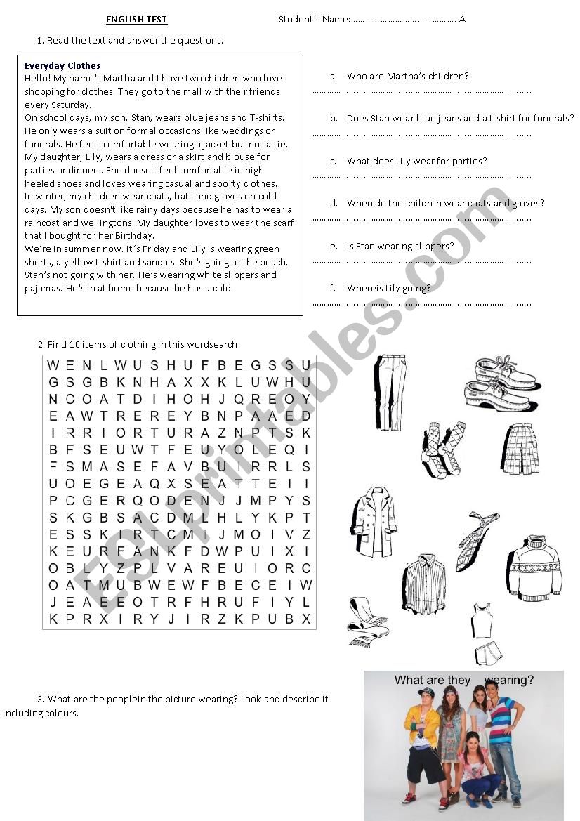 Clothes - exam worksheet