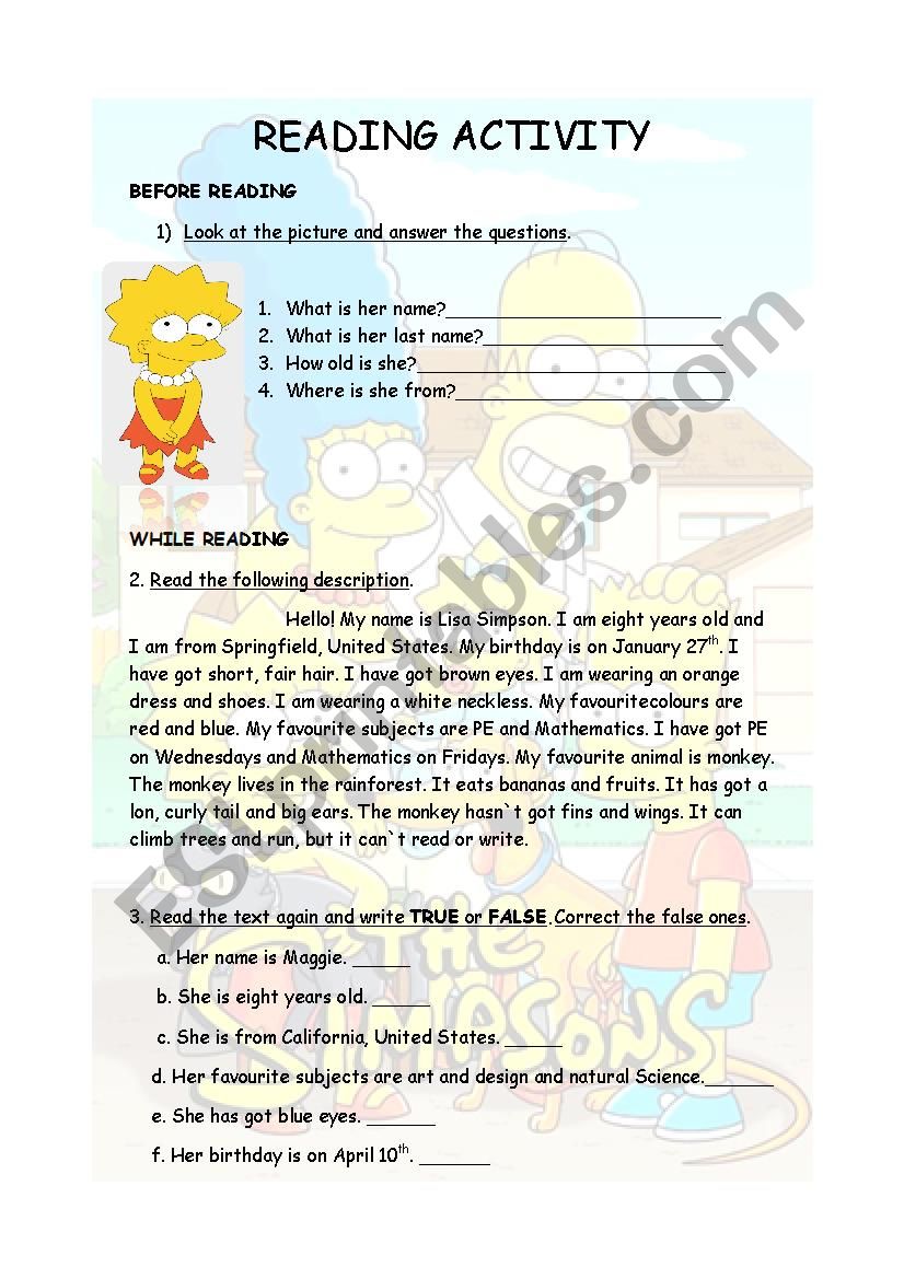 READING ACTIVITY LISA SIMPSON worksheet