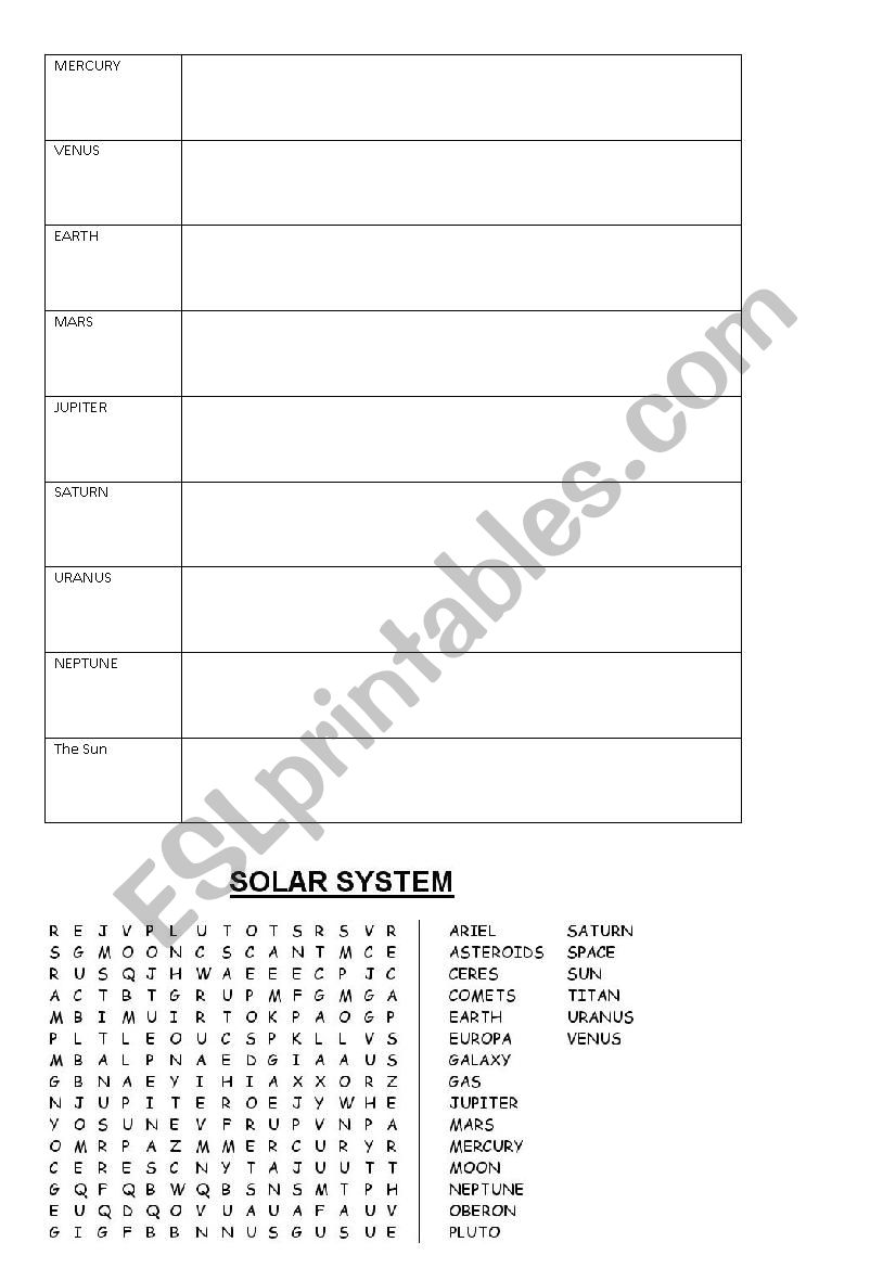 table to describe planets in a solar system and wordsearch