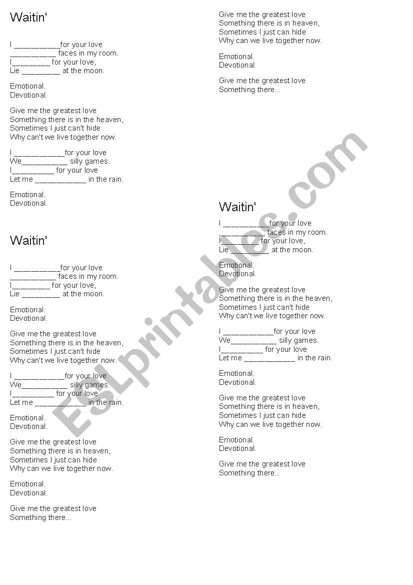 song Waitin  worksheet