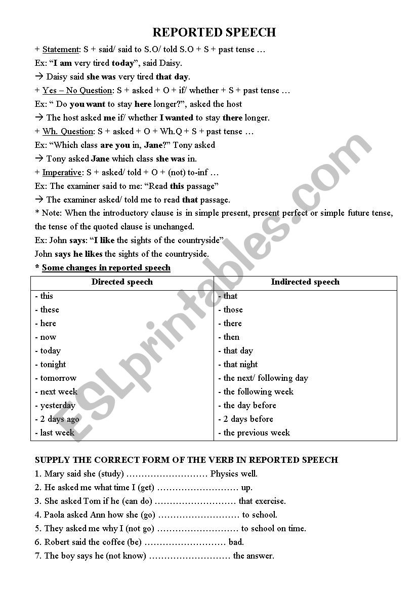 REPORTED SPEECH worksheet