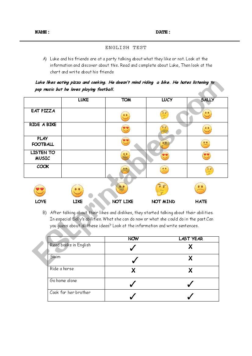 likes, dislikes, ability worksheet