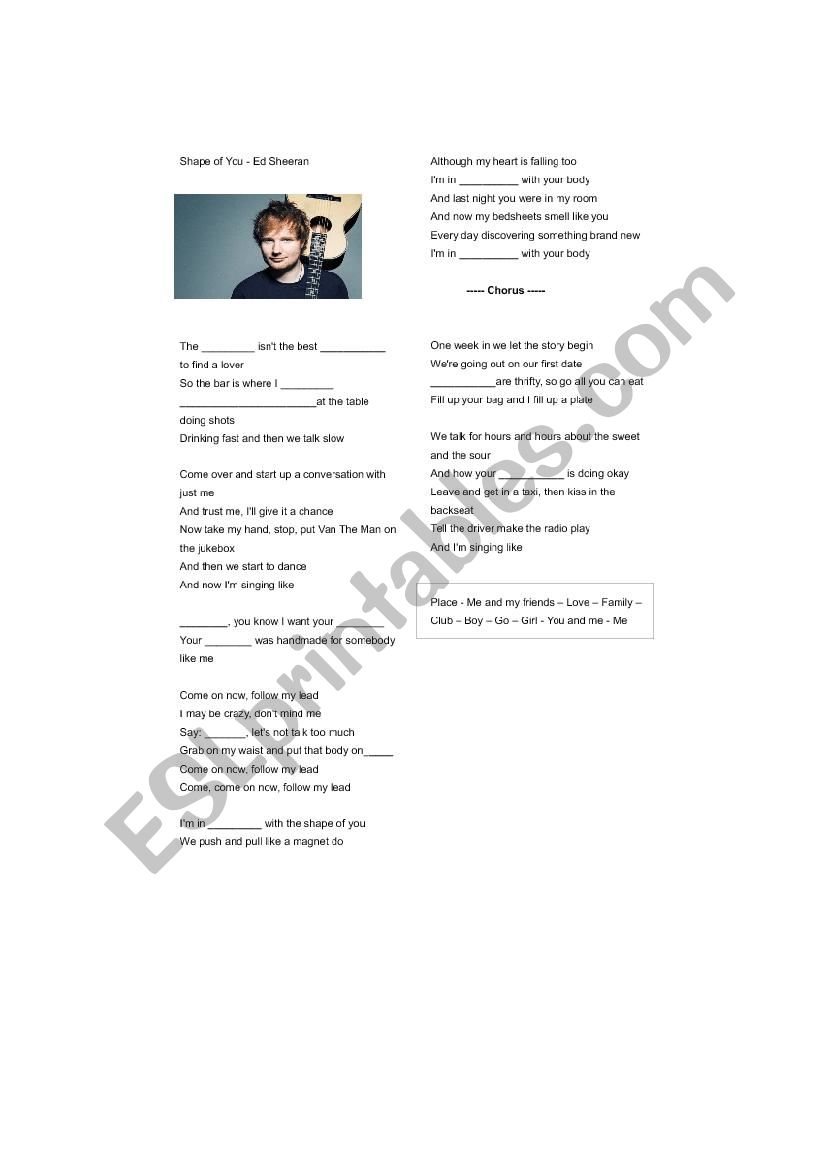 Shape of You - Ed Sheeran worksheet