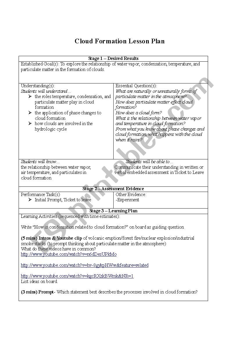 Cloud formation lesson plan worksheet