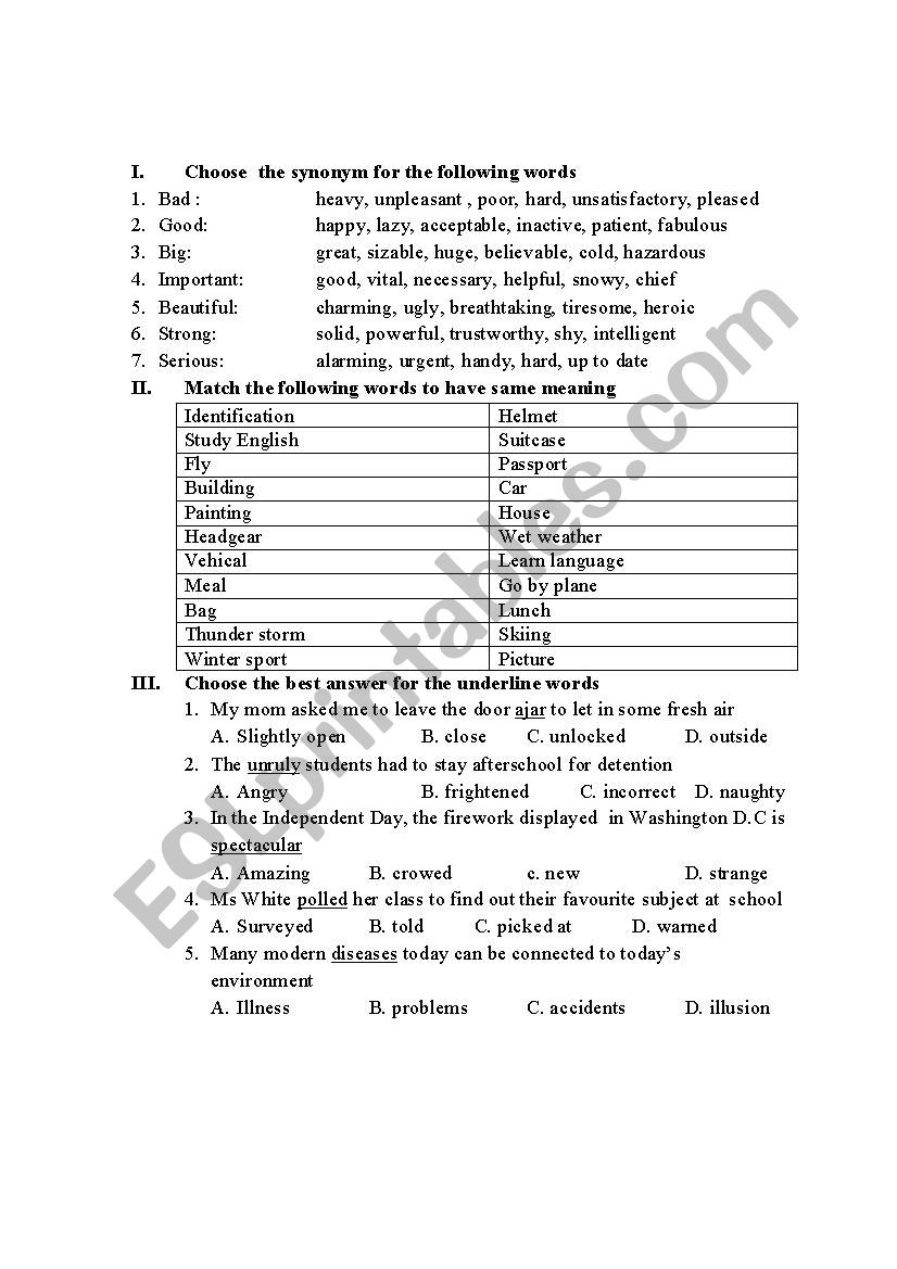 Exercises on synonym worksheet