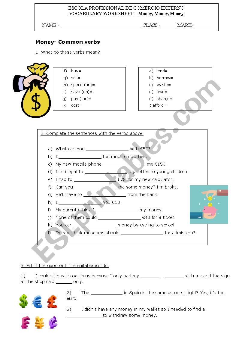 Money Vocabulary Worksheet worksheet