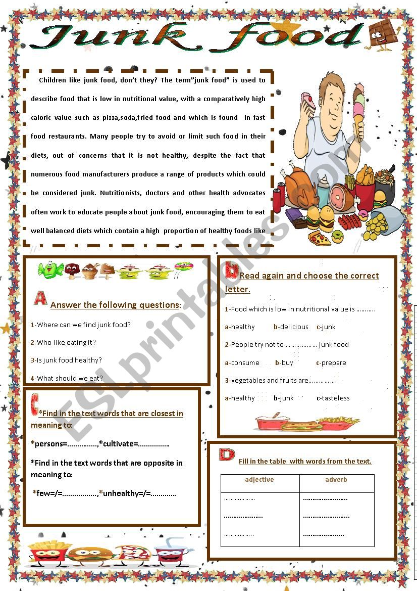 junk food worksheet