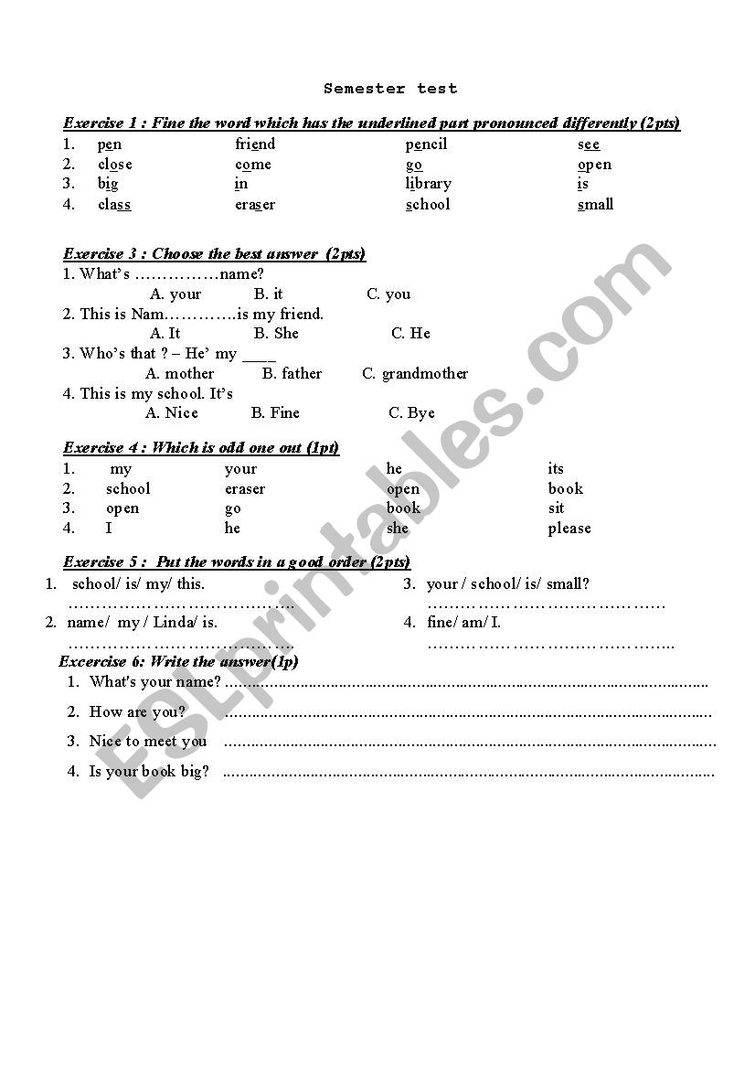 semester testing worksheet