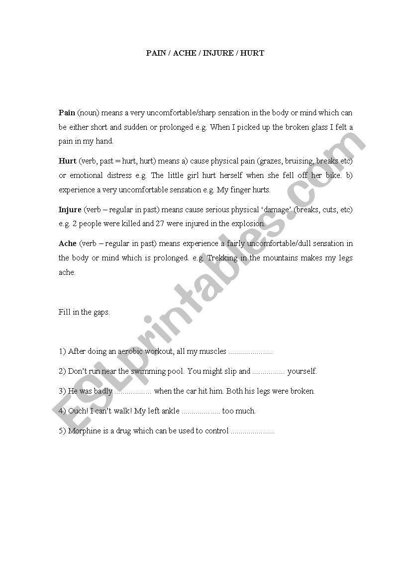 PAIN / ACHE / INJURE / HURT worksheet