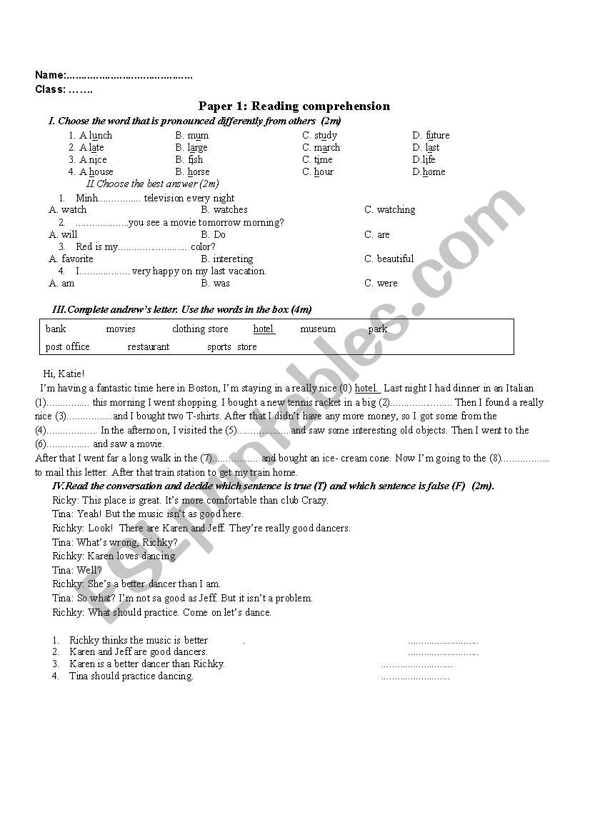 Test(reading and writing) worksheet