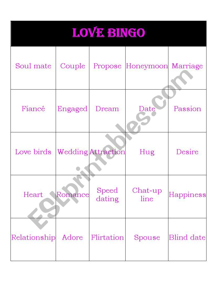 Love bingo worksheet
