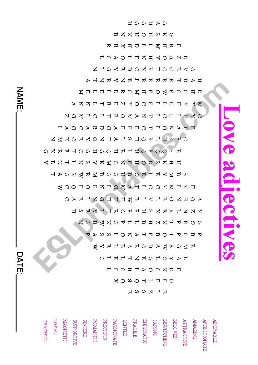 Love adjectives worksheet