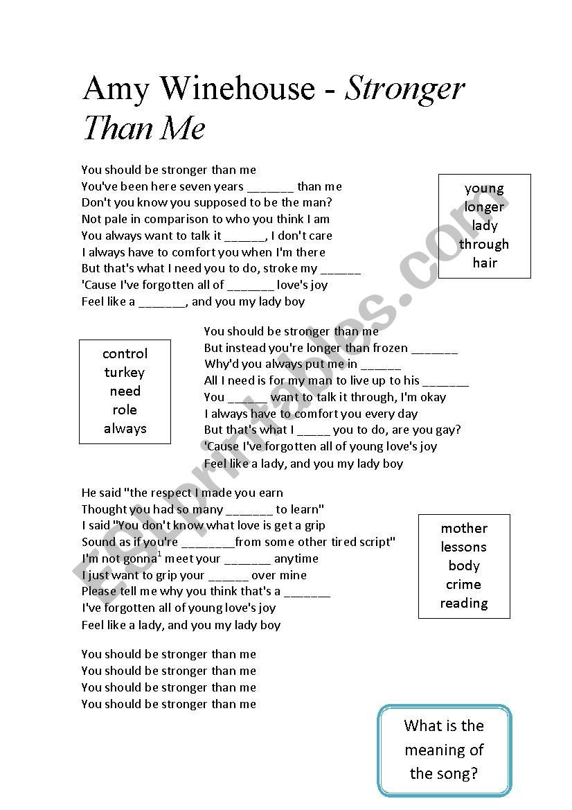 Amy winehouse you should be stronger than me lyrics Stronger Than Me Amy Winehouse Esl Worksheet By Arasal7