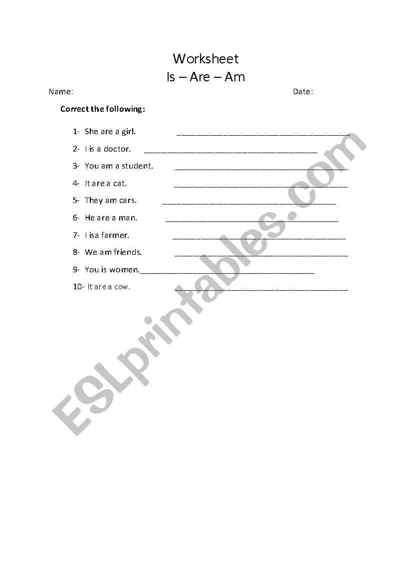 is - are - am (verb to be) worksheet