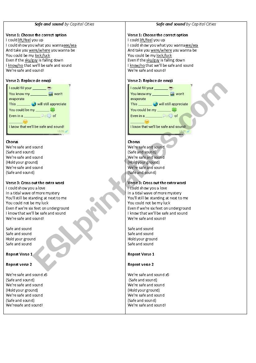 Safe and sound -  Capital Cities - Song Worksheet