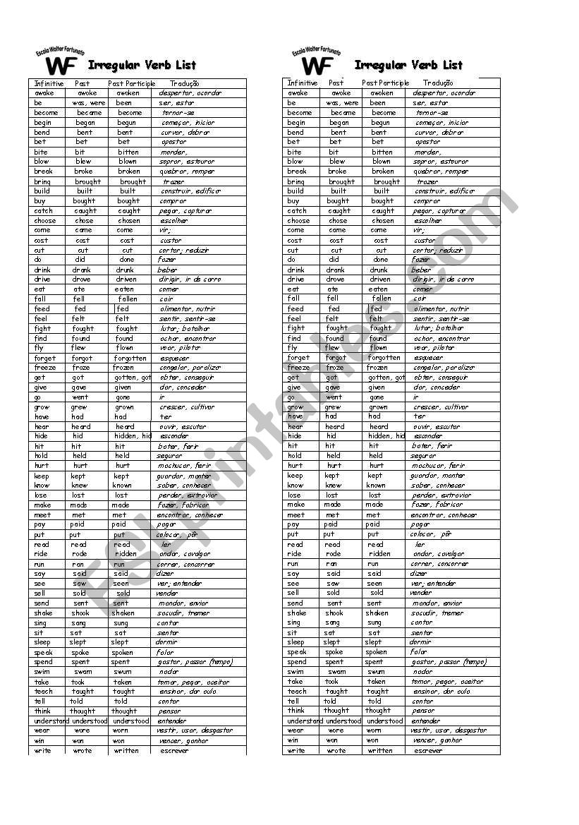 Irregular veb list worksheet