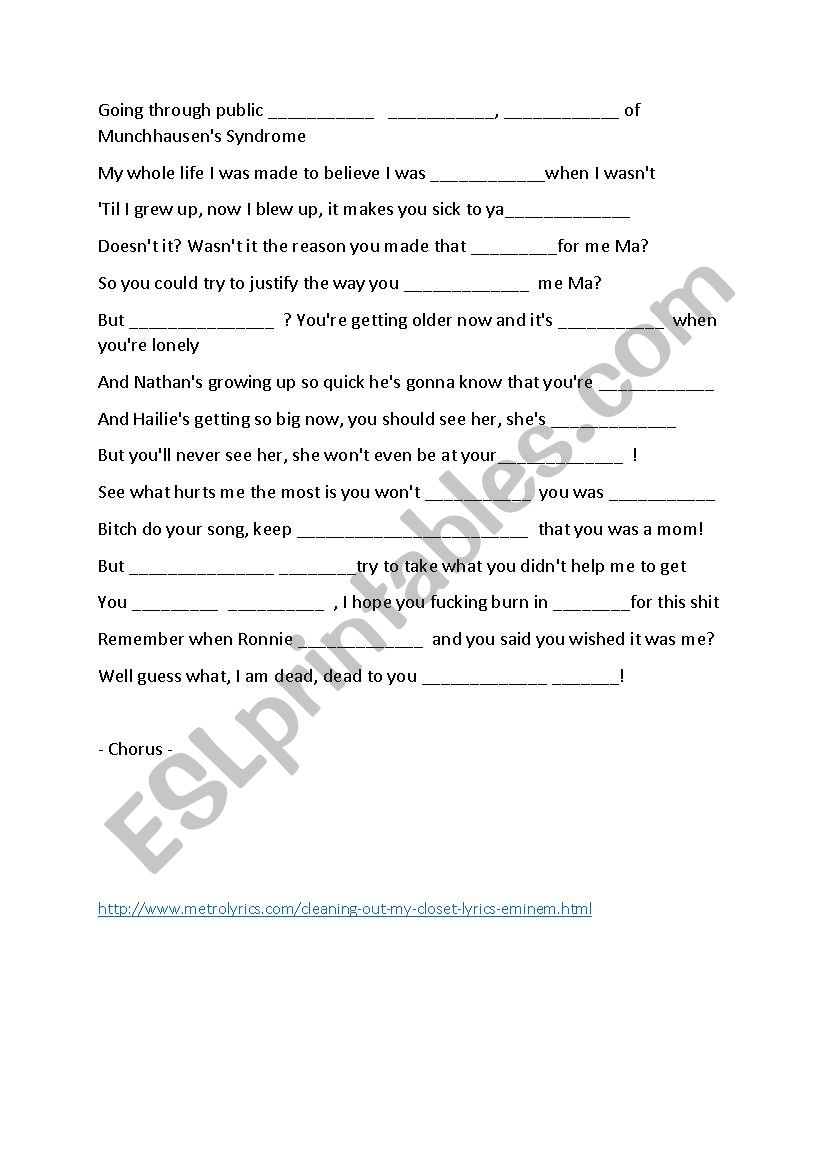 Eminem Cleanin Out My Closet Lyrics With Gaps Esl Worksheet