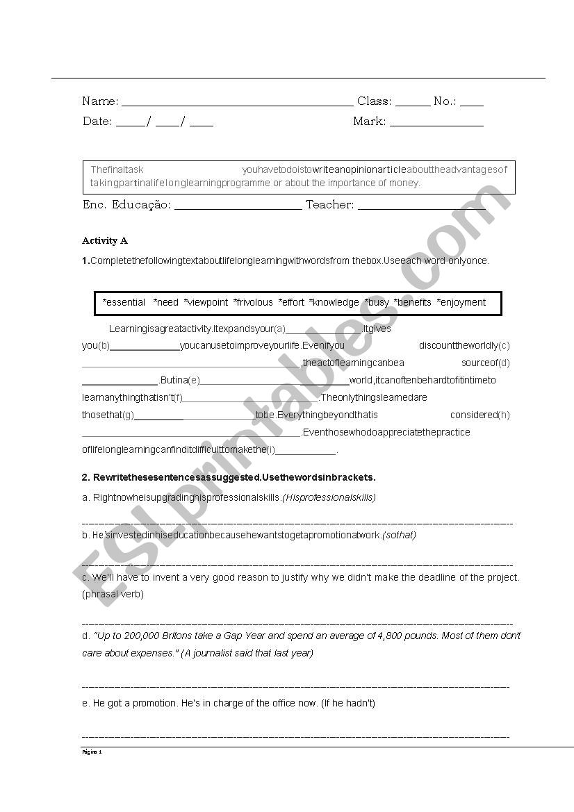 Life Learning Test worksheet